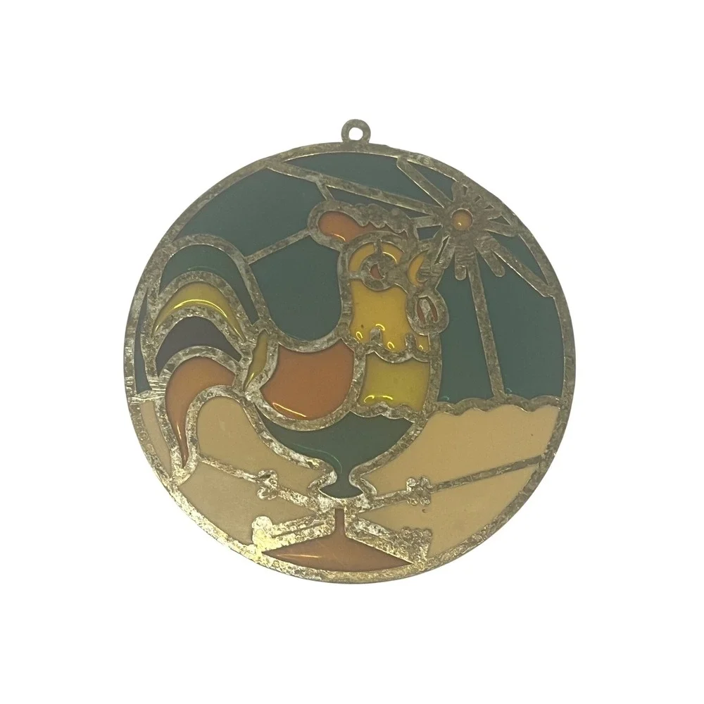 Stained Glass Rooster Sun‎ Catcher Window Decor Round Metal Frame